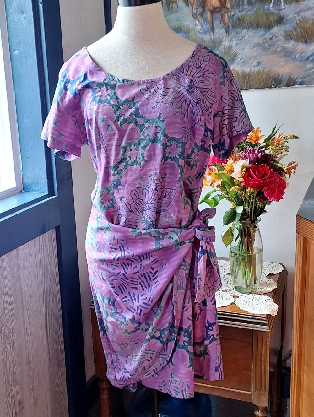 Tropical Tantrum 1980s Batik Dress Front Side Tie Faux-Wrap, Size Large